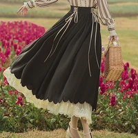 spring 2022 womens fashion long maxi skirts vintage preppy style mori girl cute lace hem lace up high waisted pleated skirt