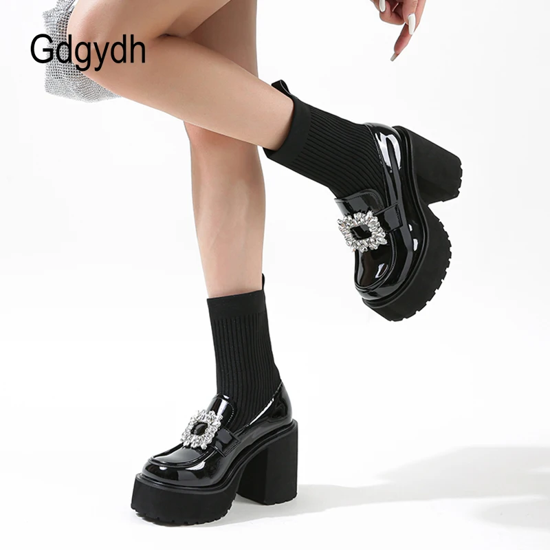 Gdgydh Rhinestone Platform Mid Calf Boots Chunky Heels Patent Elastic Sock Boots Slip On Comfortable Lolita Shoes for Student