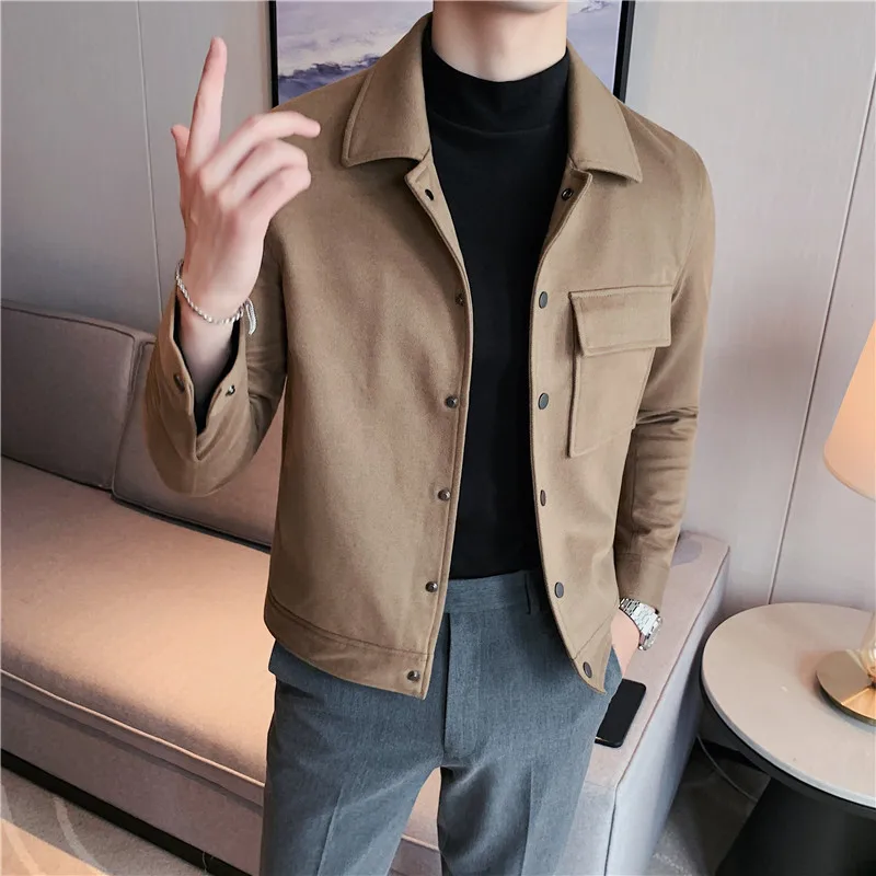2022 Autumn Winter Woolen Jacket Men's Korean Slim Lapel Short Casual Business Coat Solid Color Social Streetwear Overcoat