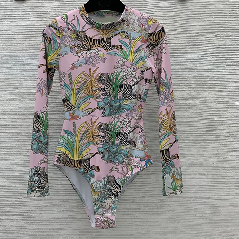 

2022 Повседневный женский слитный боди с длинным рукавом и круглым вырезом с принтом тигра, купальник