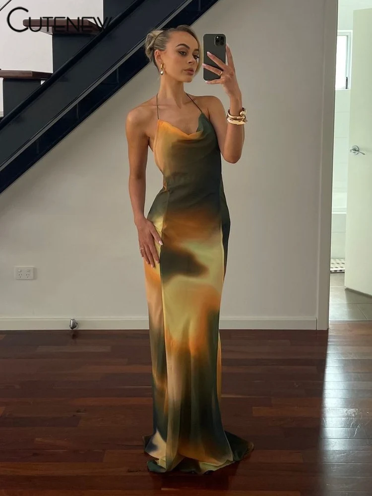 

Cutenew элегантное платье-макси с принтом, женские модные сексуальные длинные платья на бретелях-спагетти для девушек, женское платье, искусственная кожа, новая уличная одежда
