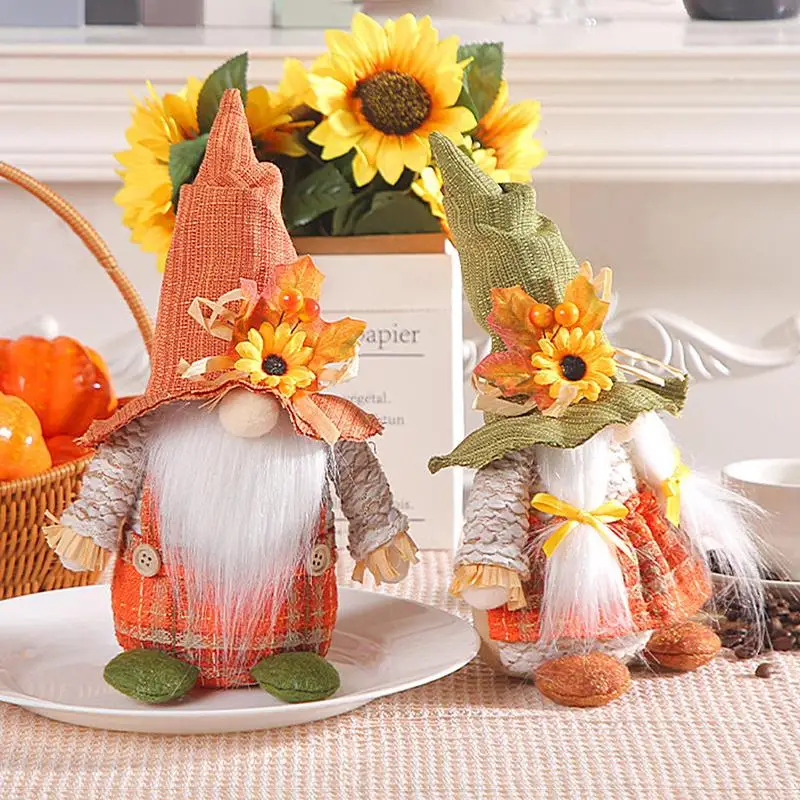

Fall Gnomes Thanksgiving Dwarf Doll Holiday Gnome Figurine Ornament with Sunflower For Home Farmhouse Thanksgiving Decorations