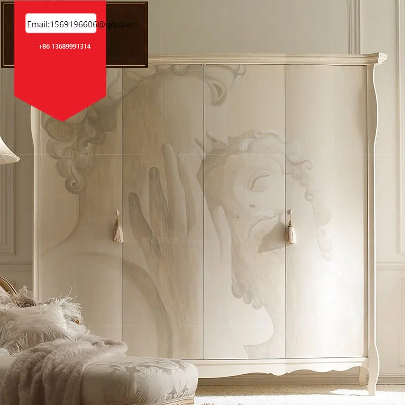 European-style solid wood garden bedroom wooden four-door wardrobe flat door storage hand-painted cabinet
