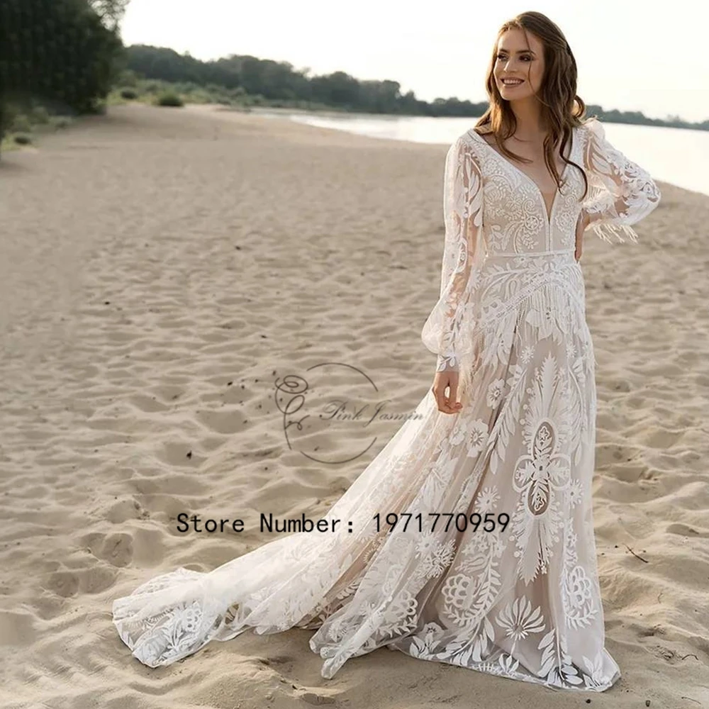 

V Neck Modest Puffy Long Sleeves Allover Lace Boho Elopement Bridal Gowns Custom Made A Line Tassel Bohemian Beach Wedding Dress