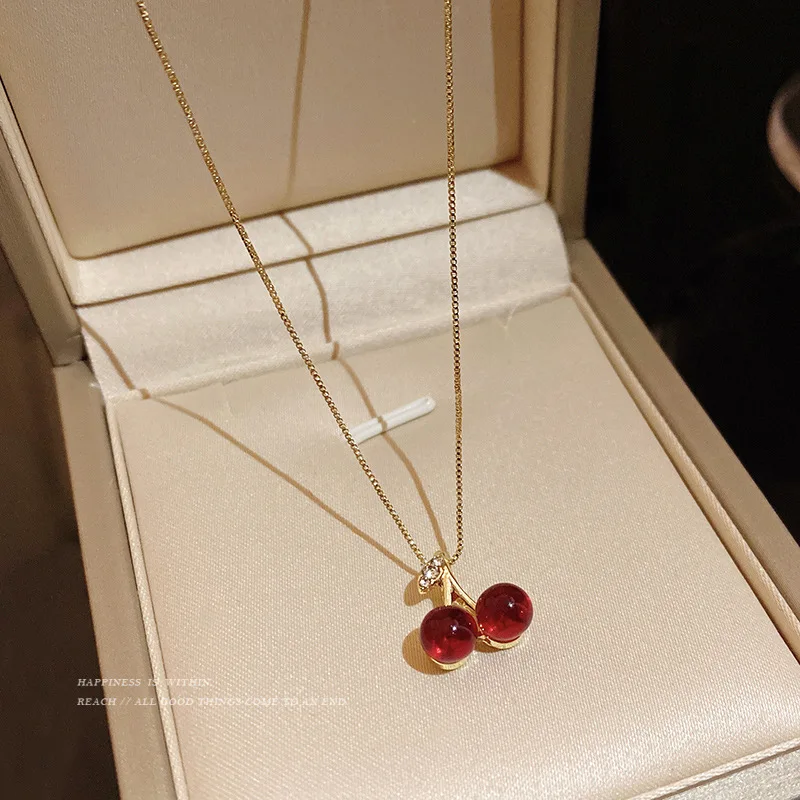 

Korean fashion wine red cherry pendant necklace women's light luxury cute wild fruit necklace