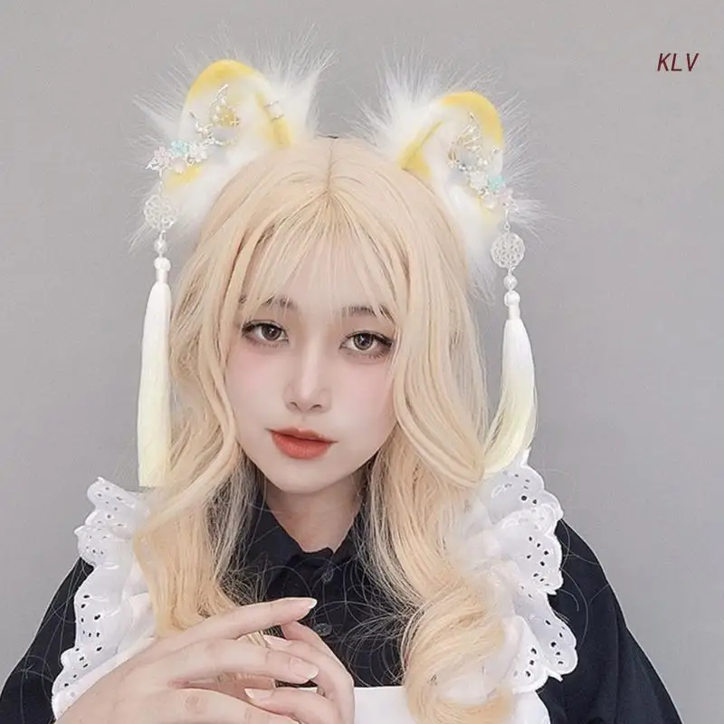 

Cartoon Cat Ear Shape Hair Hoop with Fringe Decors Chinese Style Hair Holder Cosplay Party Headwear for Teenagers Adult
