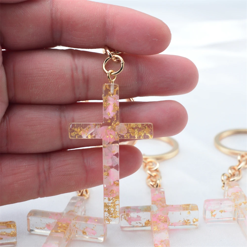 Porte-clés en résine pour femmes et hommes  exquis  fleur séchée  pendentif en croix  accessoire de