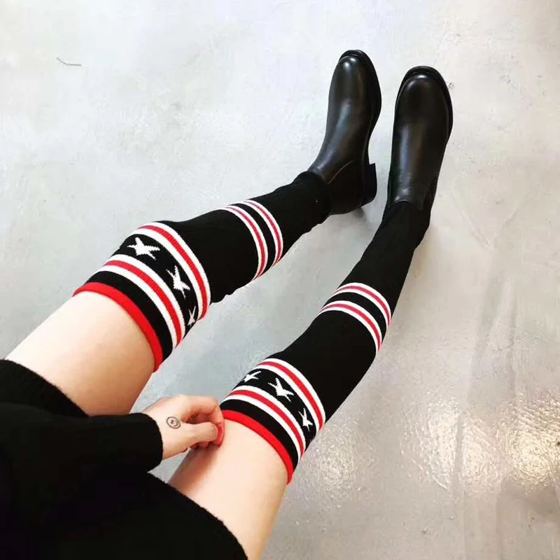 

2022 Women Fashion Winter Boots Cuff Socks Autumn Red Striped USA Star Lady Cotton Long Knee High Socks Sexy Diamonds Stockings