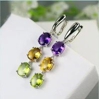 fashion crystal ladies earrings purple yellow and green three color oval rhinestone pendant casual party wedding earrings