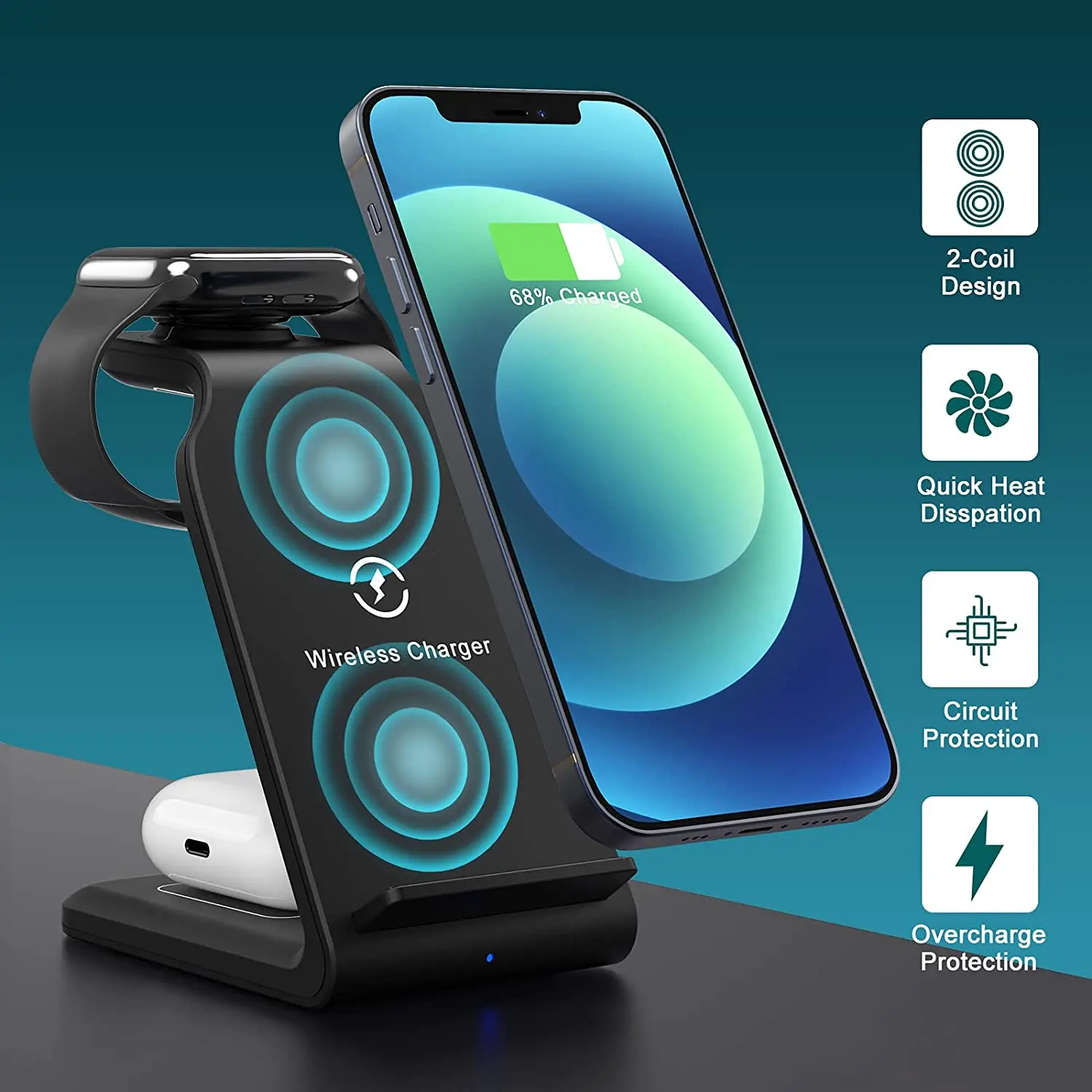 4 in 1 qi wireless charger stand for iphone 12 11 xs xr x 8 13 15w fast charging dock station for apple watch 7 6 se airpods pro free global shipping