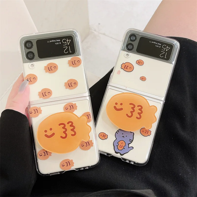 

Cartoon Cute Cat Fish Phone Stand Case for Samsung Galaxy Z Flip 3 5G PC Back Cover for ZFlip3 Case Protective Shell