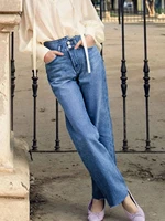 irregular waist straight jeans woman 2022 spring summer cotton long denim pants female casual vintage luxury classic trousers