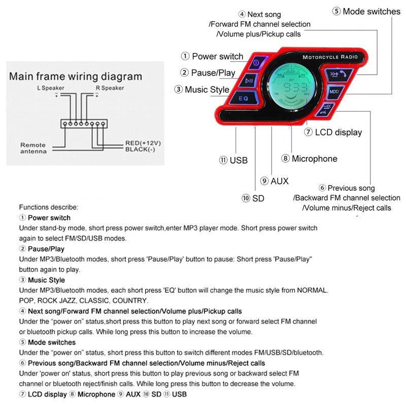 Мотоциклетные стереодинамики Bluetooth MP3-плеер водонепроницаемая аудиосистема FM USB/TF для мотоцикла скутера внедорожника на гусеницах.