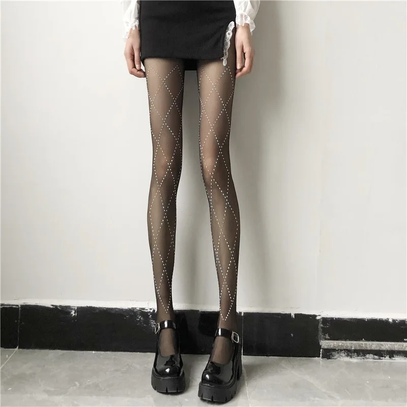 

Sexy Lolita Fashion Mesh Tights JK Women's Stockings Summer Hot Drilling Plaid Gothic Clothes Pantyhose Socks Hosiery Underwear