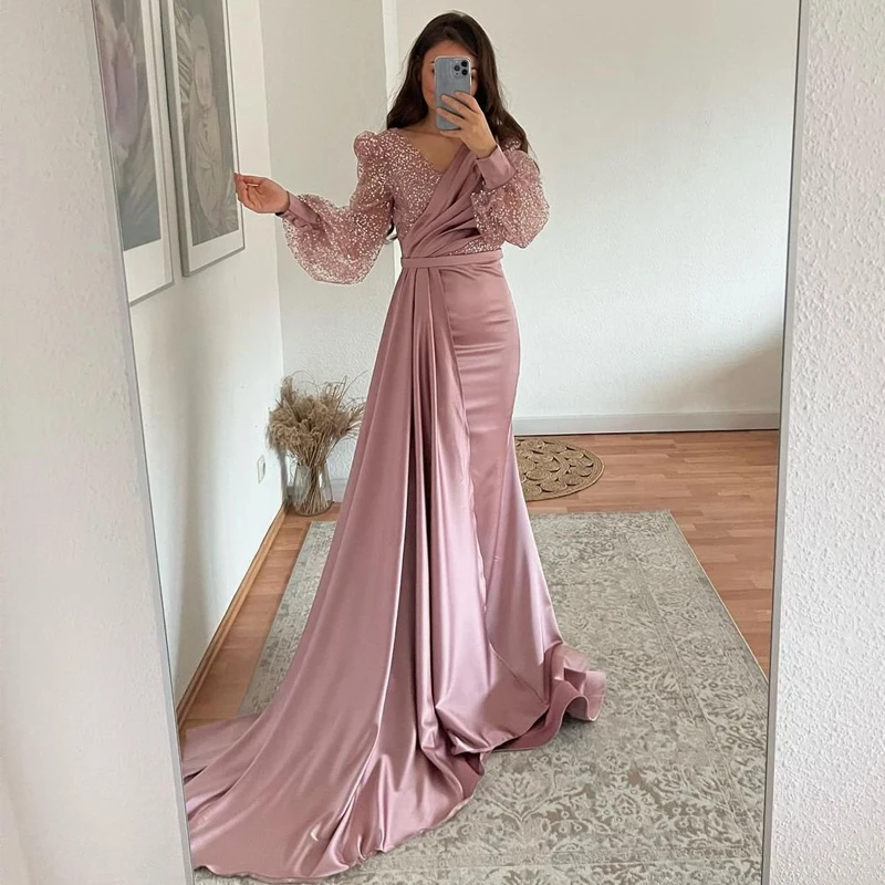 

2022 Pink Prom Dresses Sparkly V-neck Evening Dress Puff Sleeve High Split Saudi Arabia Dubai Cocktail Party Gown New
