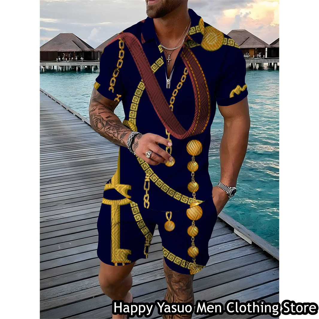 Luxury Chain Polo Set Men Summer Fashion Tracksuit Casual High-End Polo Shirt Shorts Suit Vintage Vacation Outfit Male Clothing
