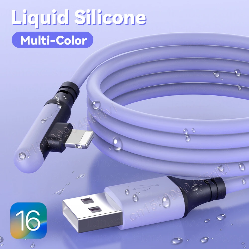 90 Degree USB Cable For iPhone 14 13 12 11 Pro Max XR XS 8 7 6s 5s Fast Charging Charger Liquid Silicone Data Cable 0.3/1.2/1.8M