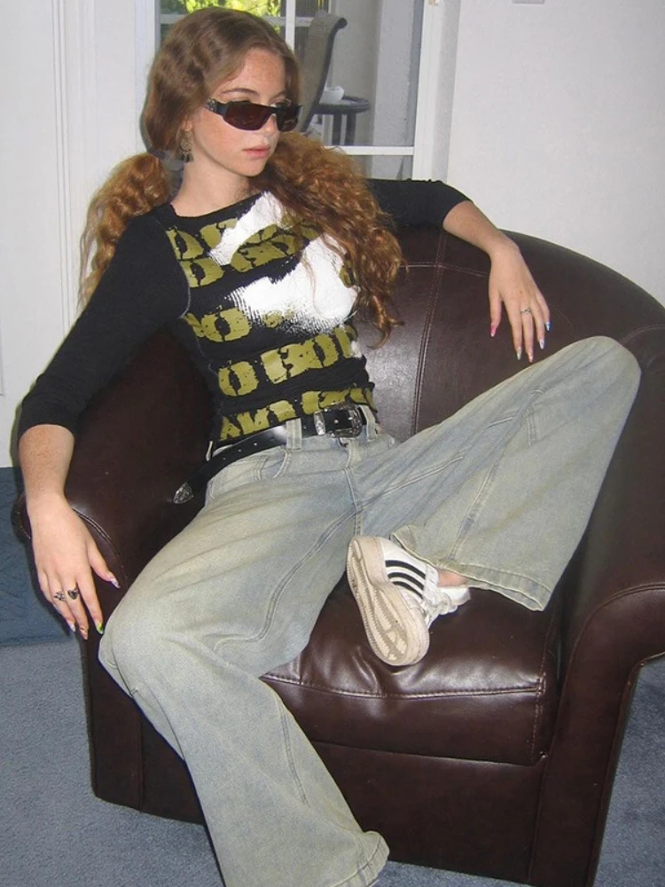 Vintage Gradient Flared Jeans Washed High Waisted Baggy Pants 2023 Korean Fashion Streetwear Wide Leg Long Denim Trousers y2k