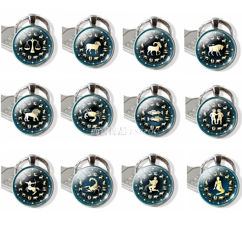 

12 Constellation Aquarius Leo Pisces Aries Zodiac Signs Keychain Key Rings Bag Car Round Glass Cabochon Pendant Man Woman Gift