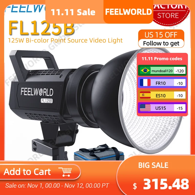 

FEELWORLD FL125B 125W Bi-Color LED Video Light APP Control Bowens Mount for Photo Studio Video Portrait Live Streaming Recording