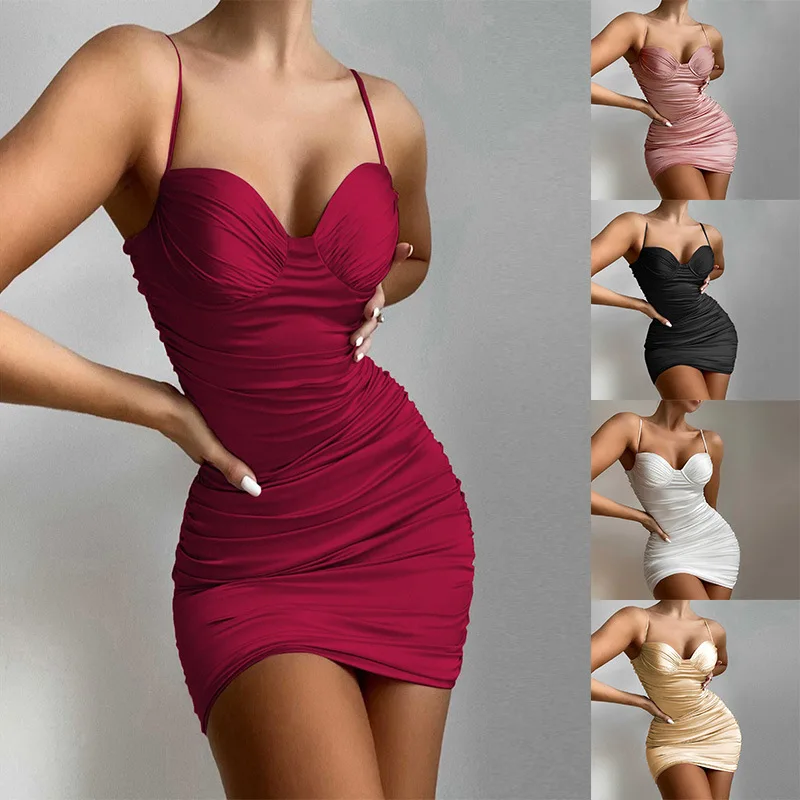 

2023 spring and summer new women's dress sexy wrap chest suspender dress high waist open back pleated wrap hip dress