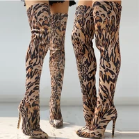 sexy boots for women high heels pointed toe elastic leopard over knee boots spring autumn fashion boots female women shoes