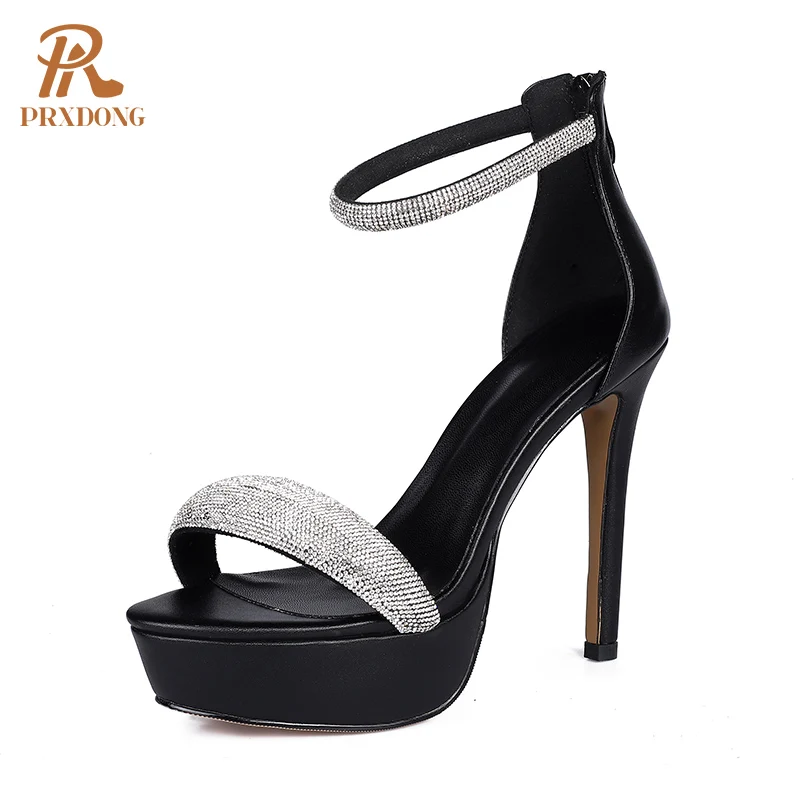 

INS New Sexy Women Sandals Fashion Thin High Heels Platform Genuine Leather Rhinestone Dress Party Wedding Lady Shoes Pumps 40