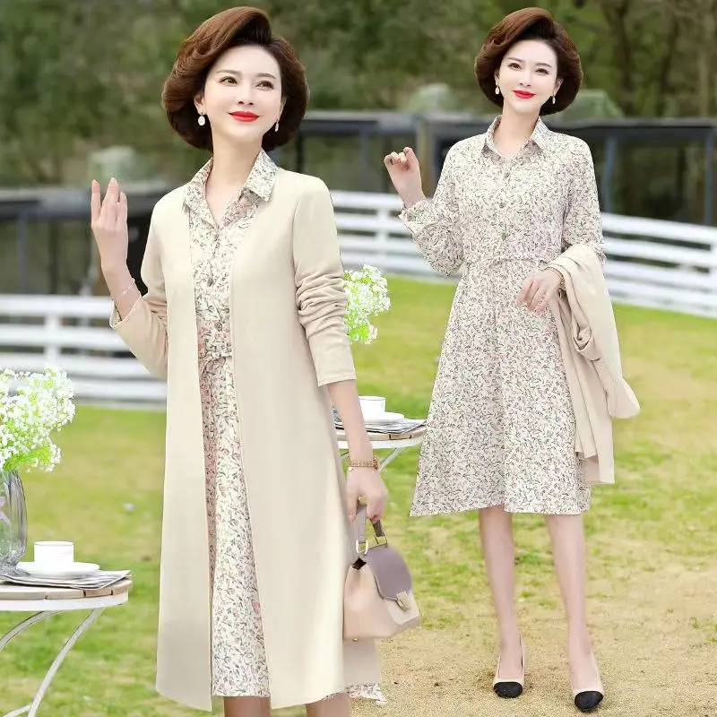 

Весенне-осенний комплект из 2 предметов, платье с цветочным рисунком + кардиган, женские платья миди 5XL, элегантные вечерние платья, Женский костюм для девочек среднего возраста