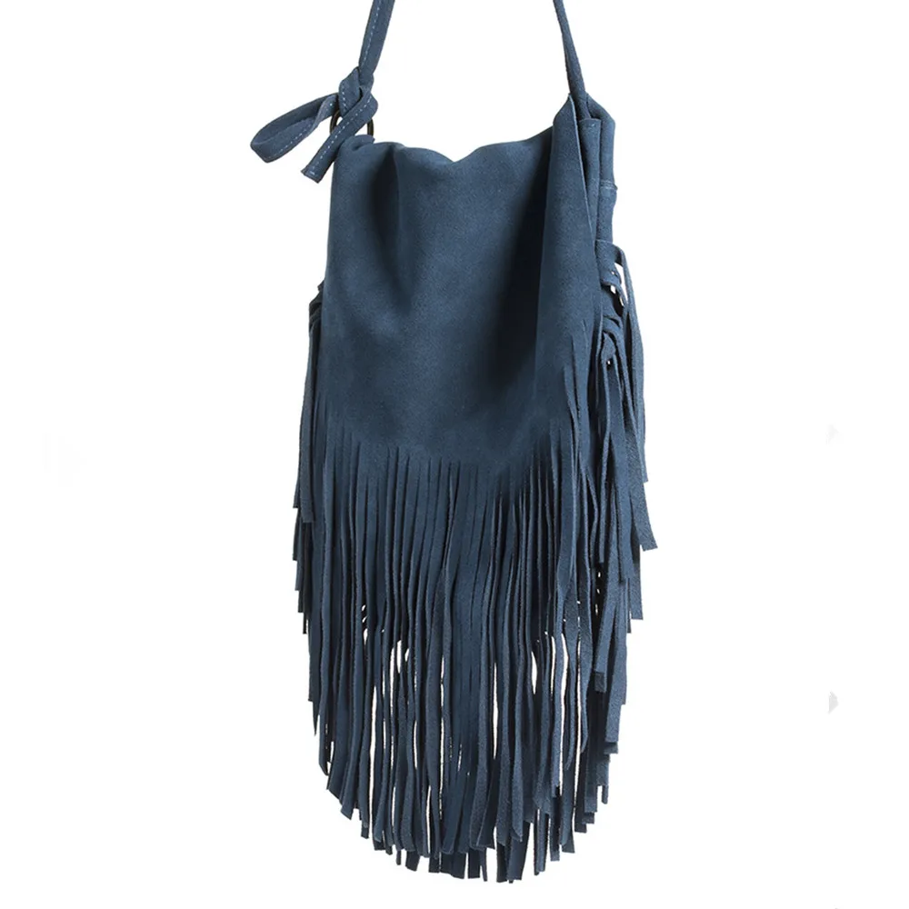 

Women Bag Crossbody Desinger Blue Fringe Genuine Leather Crossbody Bag Vintage Tassel Small Suede Side Bags For Woman