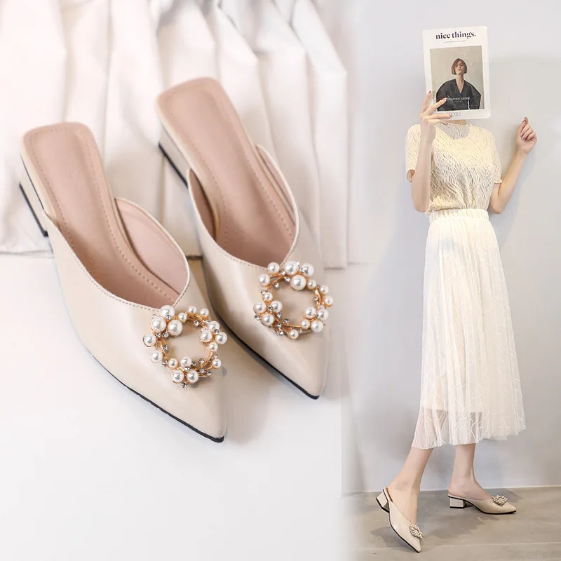 

Summer Women's Slippers New Pearl Bright Diamond Decoration Outer Wear Thick and High-heeled Muller Sandals