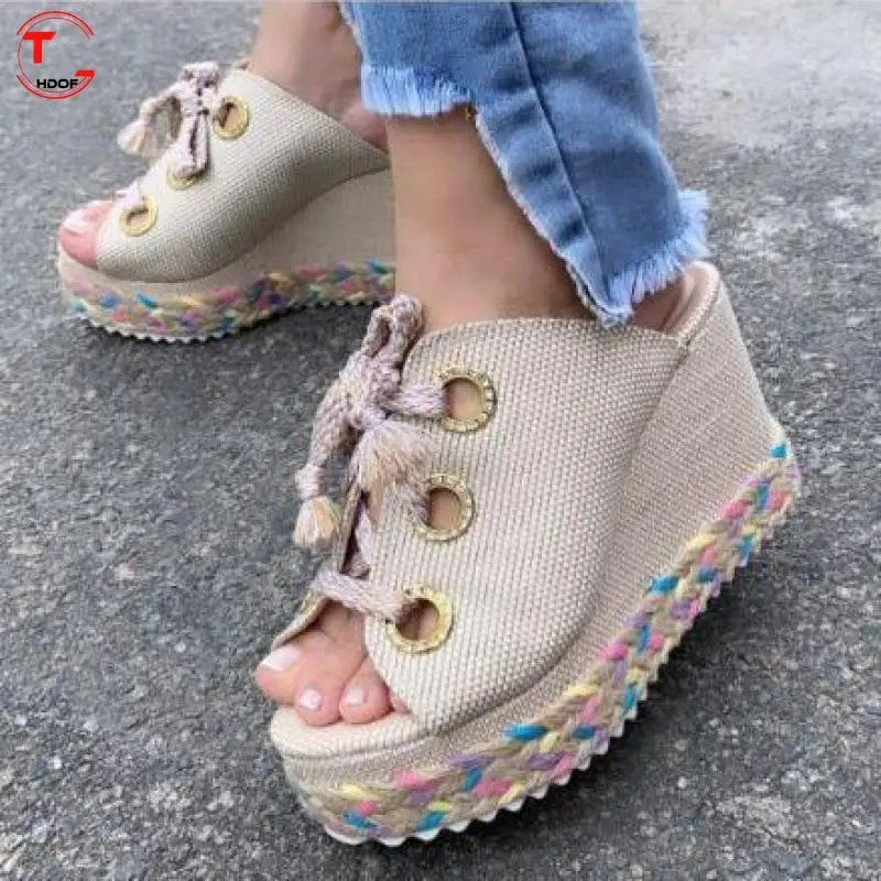 

Hemp Rope Braided Lace-up High-heeled Sandals Women Wedges Canvas Slippers New Plus Size Open-toe Increase In Height Women Shoes