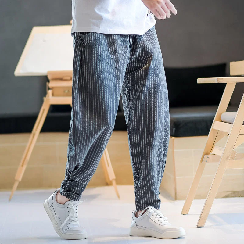 MrGB Cotton Linen Casual Pants Men's Cross Button Stripe Chinese Style Baggy Male Harem Pants Large Size 5XL Retro Trousers