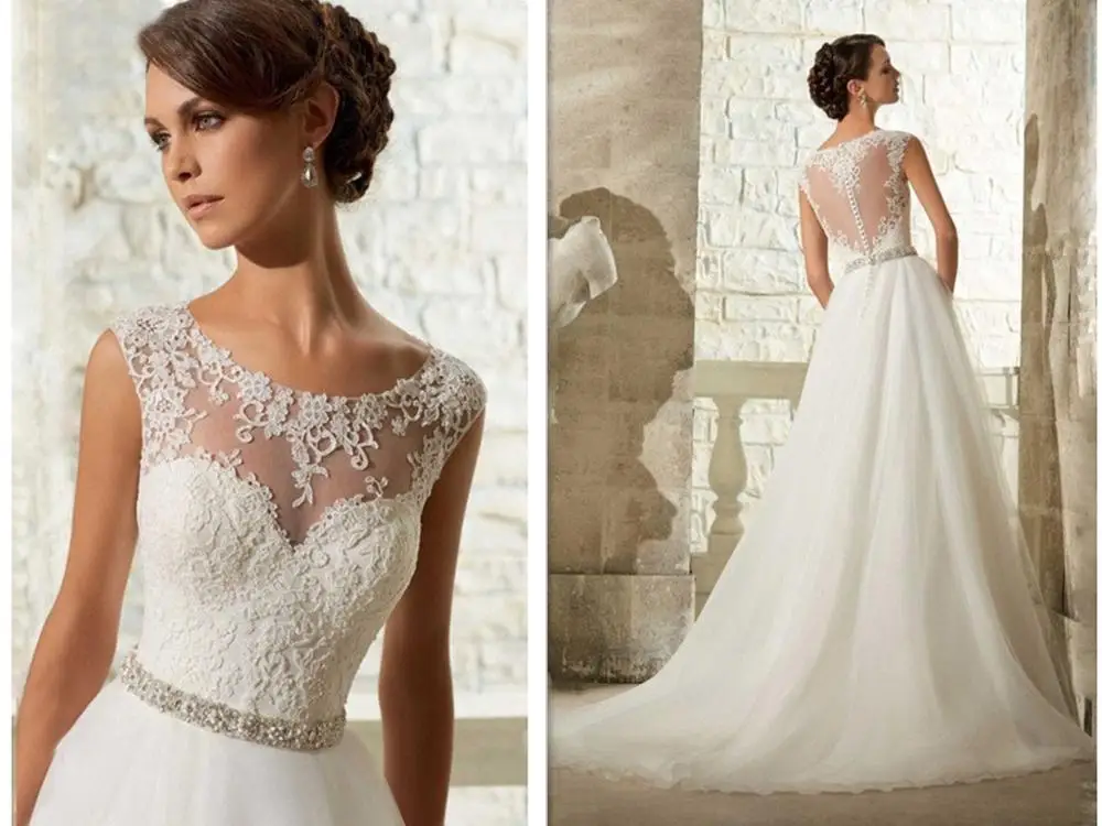 

Latest Hot Sale Scoop Neck A-line Lace Weddings illusion Back Appliques Beaded Bridal Gowns cheap Mother of the Bride Dresses