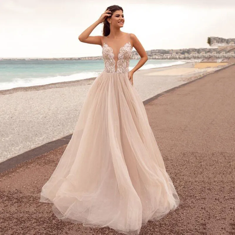 

Sexy Beach Wedding Dresses 2023 Sleeveless V Neck Appliques Illusion Tulle A Line Bridal Gowns Robe De Mariee Court Train Pink