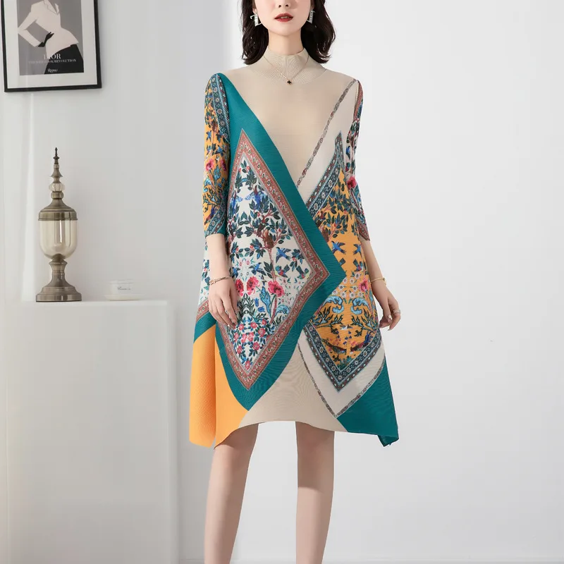 

SuperAen 2022 Spring New Fashion Printing Oversized Loose Slim Half High Collar Three Quarter A-LINE Dresses for Women