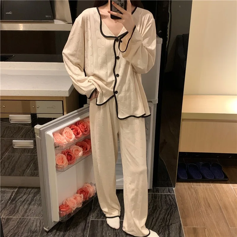 New Spring Autumn Pajamas Women's Imitation Cotton Jacquard Solid Color Wave V-neck Thin Sweet Long Sleeve Lady Sleepwear Suit