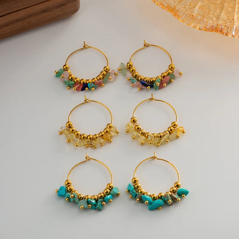 

Minar Bohemia 3 Styles Colorful Natural Stone Beads Strand Hoop Earrings for Women 18K Gold Plated Stainless Steel Large Earring