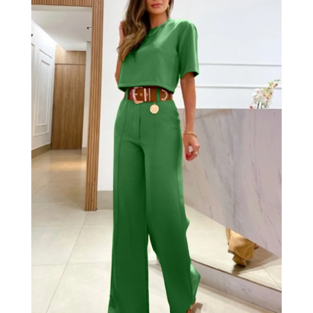 

Women's Summer Wide Leg Pants Suit O-Neck Half Sleeve Crop Top 2-Piece Sets Office Wear Chic Elegant Trouser Outfits Outwear