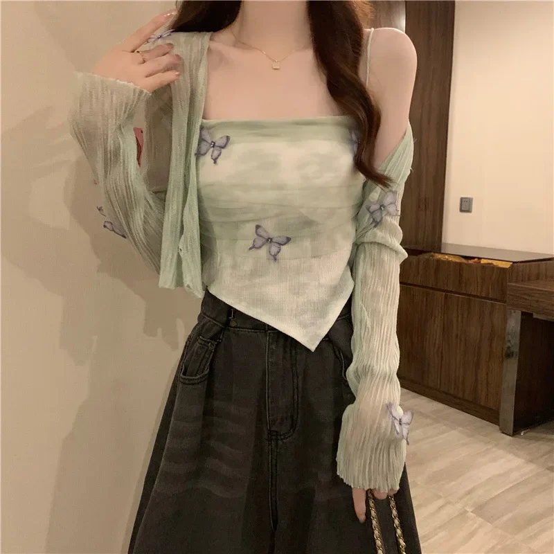 Летние сладости в корейском стиле вязаный кардиган с бабочками укороченная