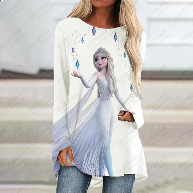 

2023 New Fashion Disney Elsa 3D Printed Women's Long Sleeve Raglan Sleeve Dress Casual Loose Fit Summer Hot Selling Women's Top