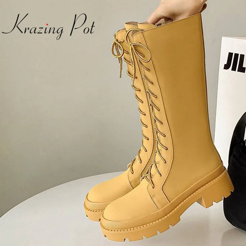 

Сапоги Krazing Pot из коровьего спилка, сапоги для верховой езды, на среднем каблуке, с круглым носком, на молнии, с перекрестной шнуровкой, однотонные сапоги до колена на толстой подошве