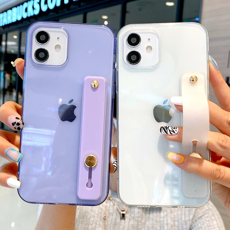 

Wrist Strap Transparent Phone Case For iPhone 11 12 Pro Max X XR Xs Max 7 8 6 6S Plus SE 2020 Mini Kickstand Bumper Back Cover