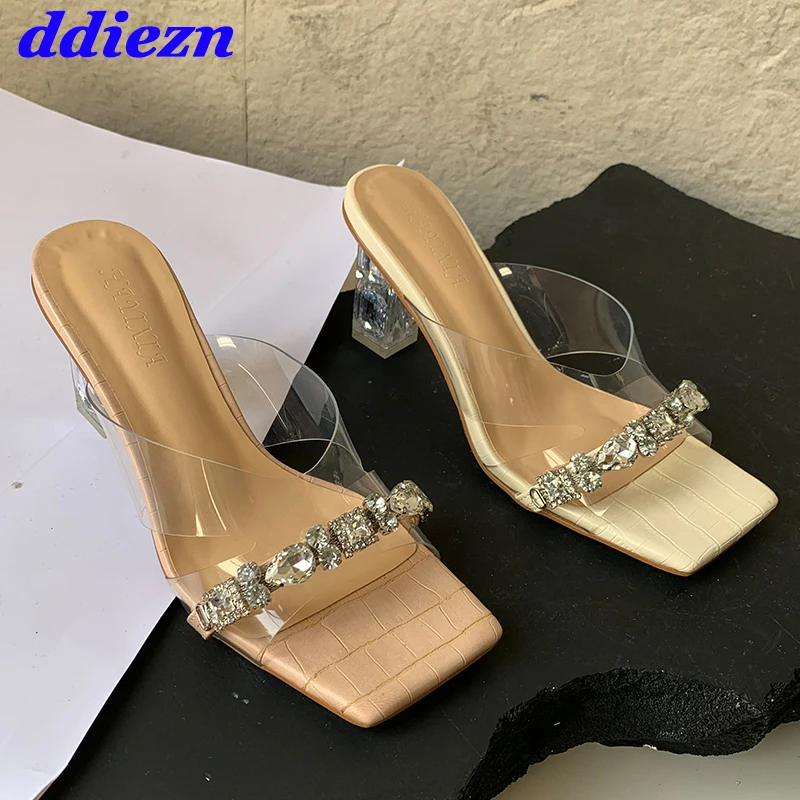 

Transparent Rhinestones Woman High Heels Shoes 2023 Fashion Bling Pumps Ladies Heeled Sandals Outdoor Female Slides Slippers