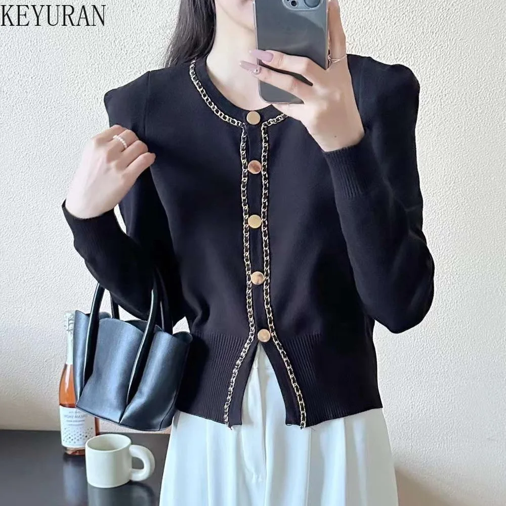 

Вязаный кардиган в полоску с цепочкой, свитер, Женский Осенний Модный облегающий шикарный трикотажный топ в Корейском стиле с круглым вырезом и длинным рукавом, кроп-топы, джемпер для женщин