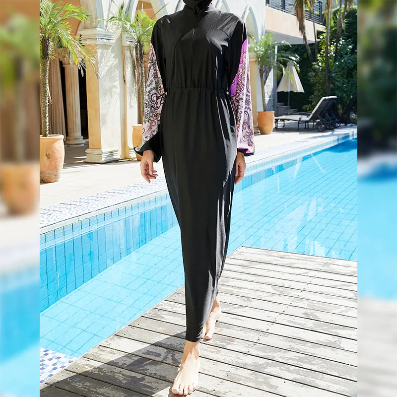 2022 New Design Burkini Swimsuit For Muslim Women Lantern Sleeve Long Robe Paisley Print Drawstring Baju Renang Muslimah