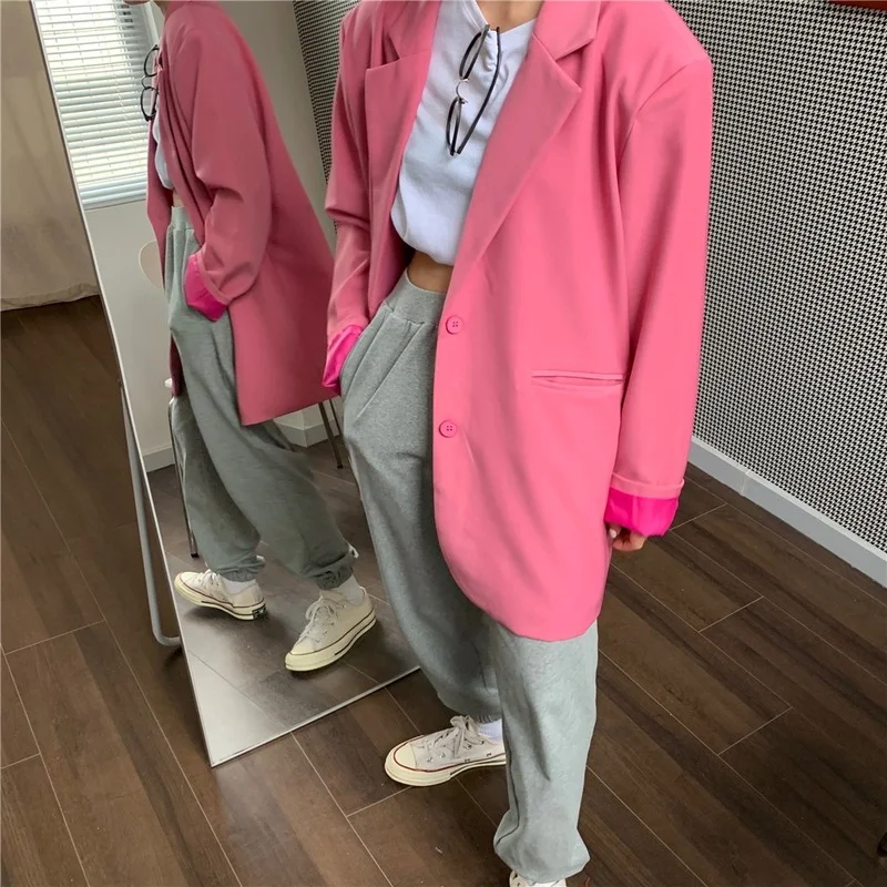 2021 Chic Loose Light Pink Women Blazer Spring Summer Single Buttons Female Oversized Suit Green Jacket Full Sleeve Outwear