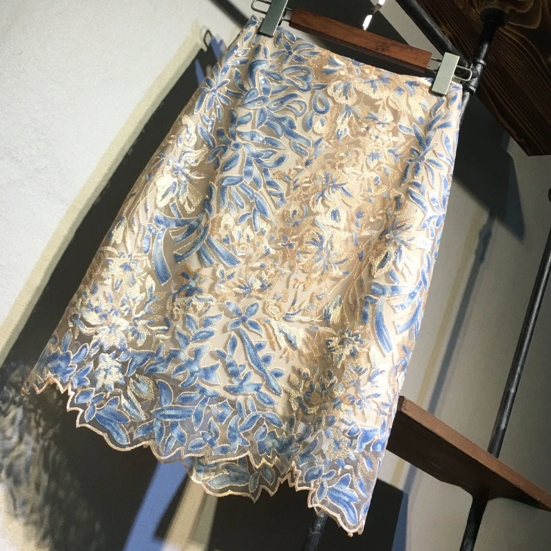 2022 Spring Summer Women's Lace Skirt Mid-Length High Waist Sequined Irregular A- Line One-Step Hip Skirts Ladies Outwear