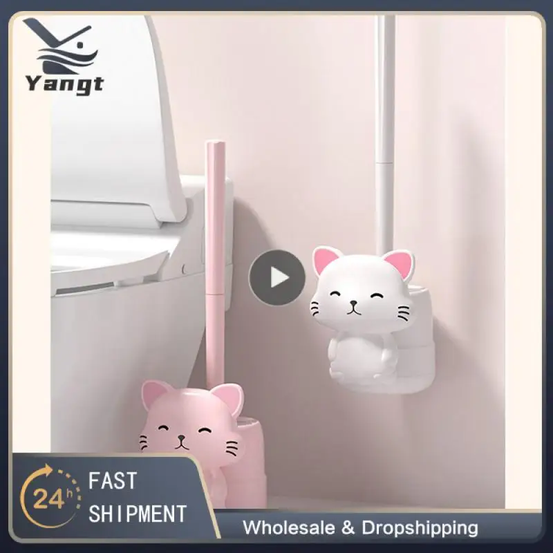 

Настенная щетка для унитаза, инструмент для мытья туалета, без мертвых углов, санитарная щетка, милая основа с кошкой, Товары для ванной комнаты, длинная ручка