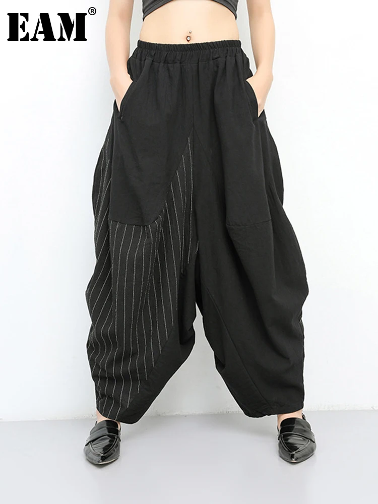 

[EAM] 2022 New Spring Autumn High Elastic Waist Black Striped Big Pocket Wide Leg Loose Pants Women Trousers Fashion Tide JT138