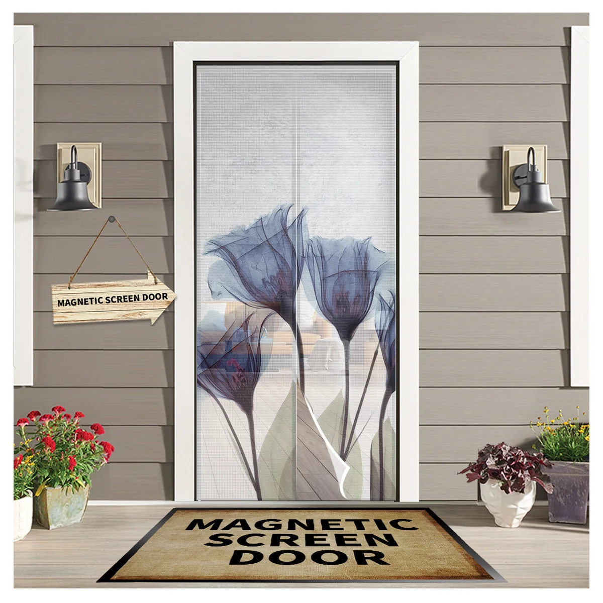

Flower Summer Idyllic Blue Tulip Anti Mosquito Gauze Door Curtain Magnetic Door Screen for Bedroom Summer Door Window Screens